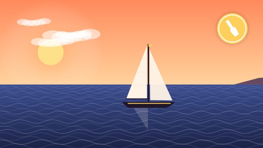 Illustration of a classic sailboat with varnished brightwork at sunset