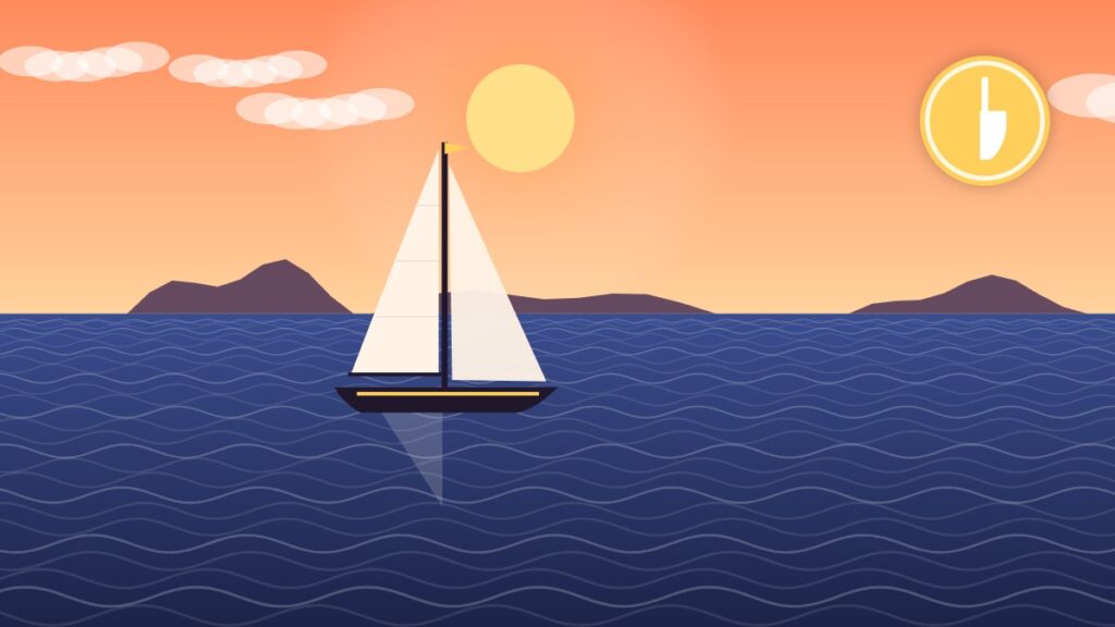 Illustration of a cruising sloop under sail with a rudder icon