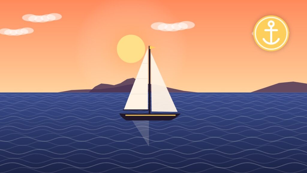Illustration of a sloop sailing near a coastline where the tide rises and falls