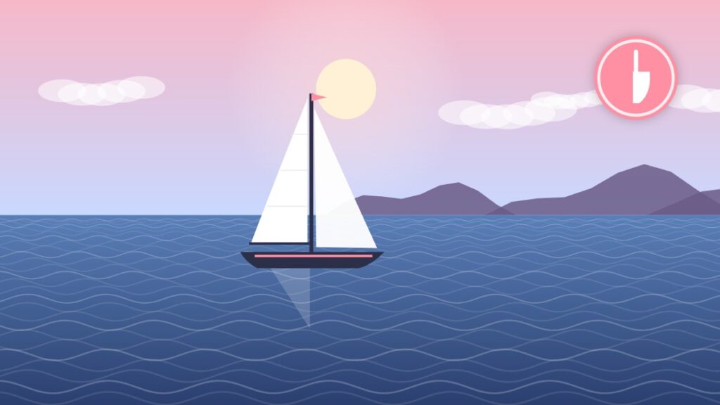 Illustration of a sailboat heeling in a gust with too much weather helm
