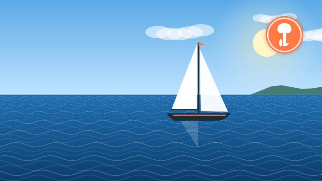 Illustration of a sailboat under engine in a calm harbor, where prop walk affects close-quarters handling