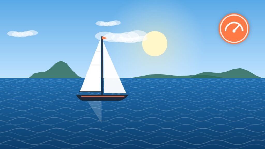 Illustration of a trailerable cruising sloop on a lake, ready to be hauled back onto its trailer