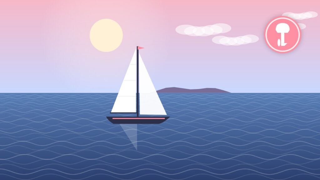 Illustration of a small cruising sloop motoring on calm water