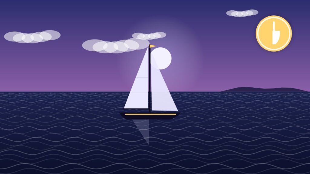 Illustration of a sloop sailing offshore under self-steering