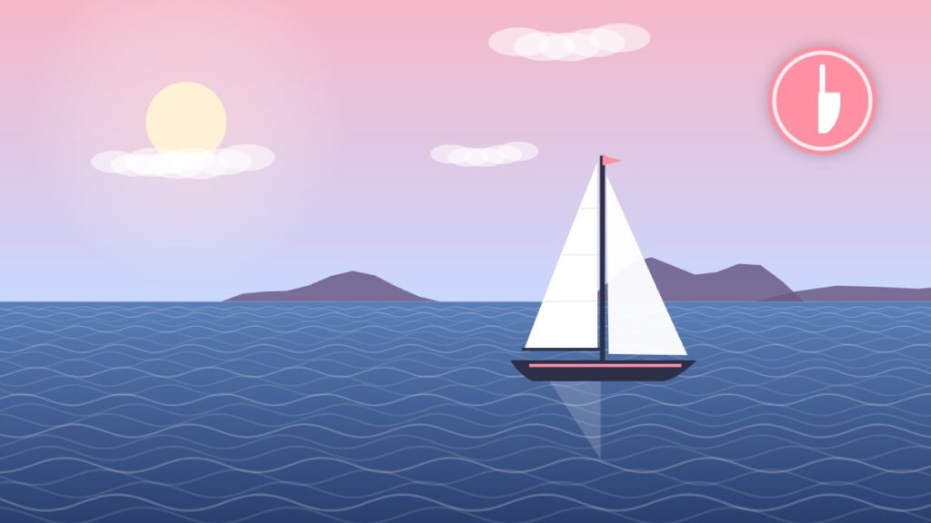 Illustration of a sloop sailing in coastal water where keel draft matters